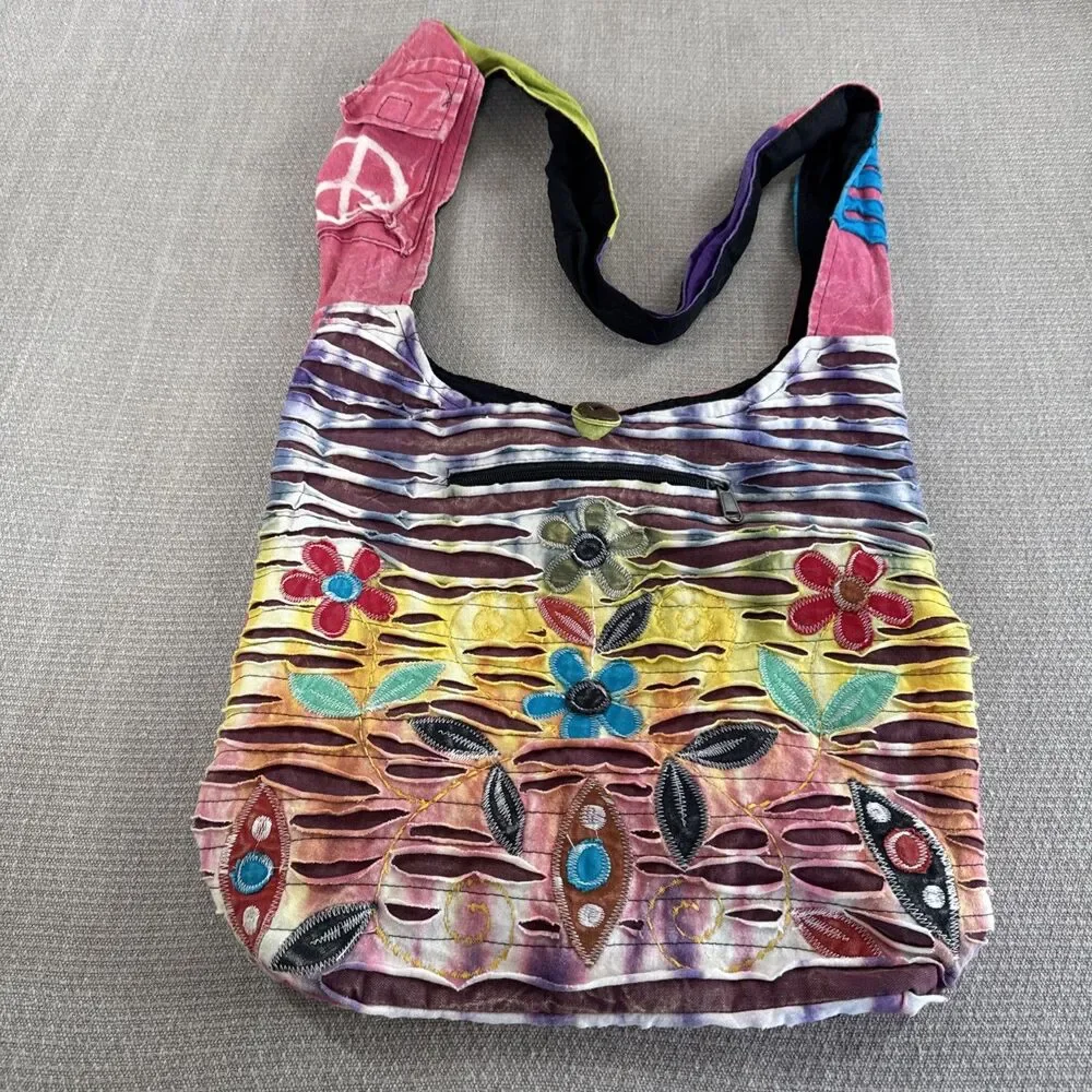 Boho Hippie Deadhead Crossbody Shoulder Bag Purse Patchwork Tie-Dye Flower Peace